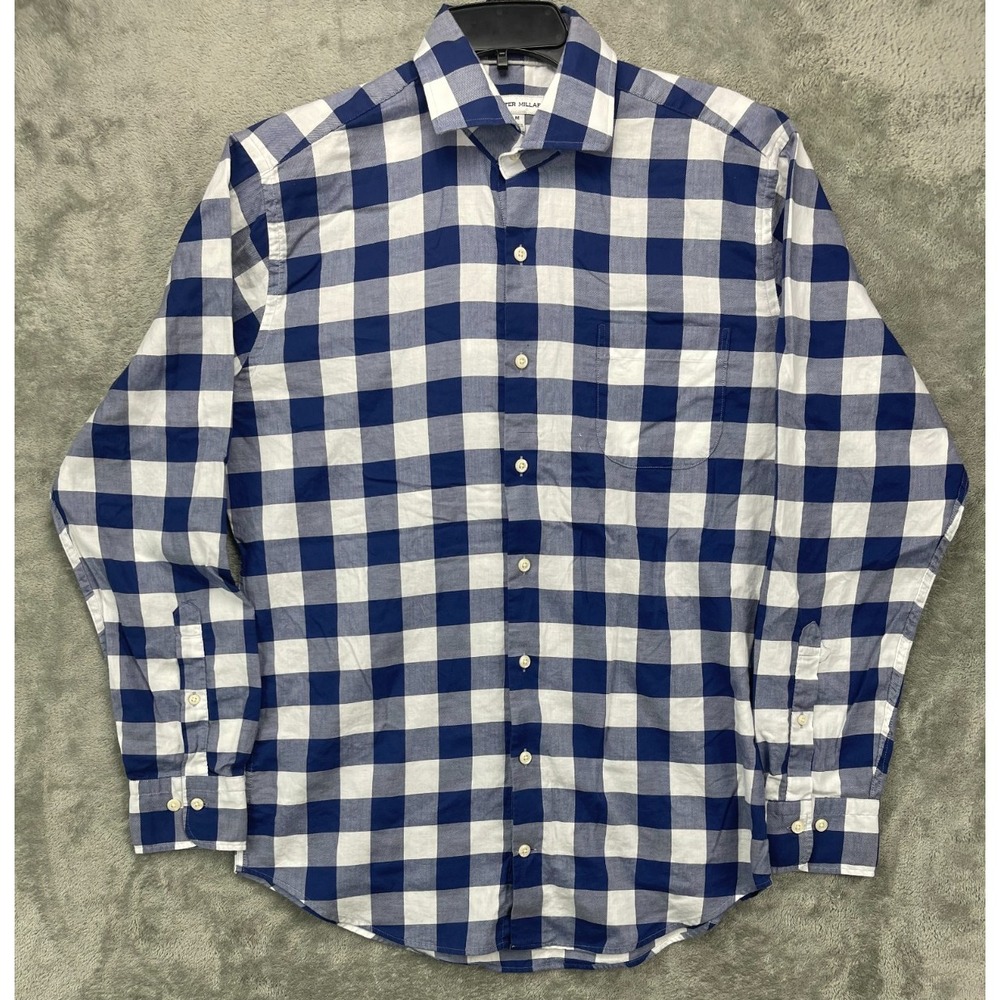 Peter Millar Men's Shirt Sz M Blue/White Gingham Cotton Long Sleeve‎ Button Up